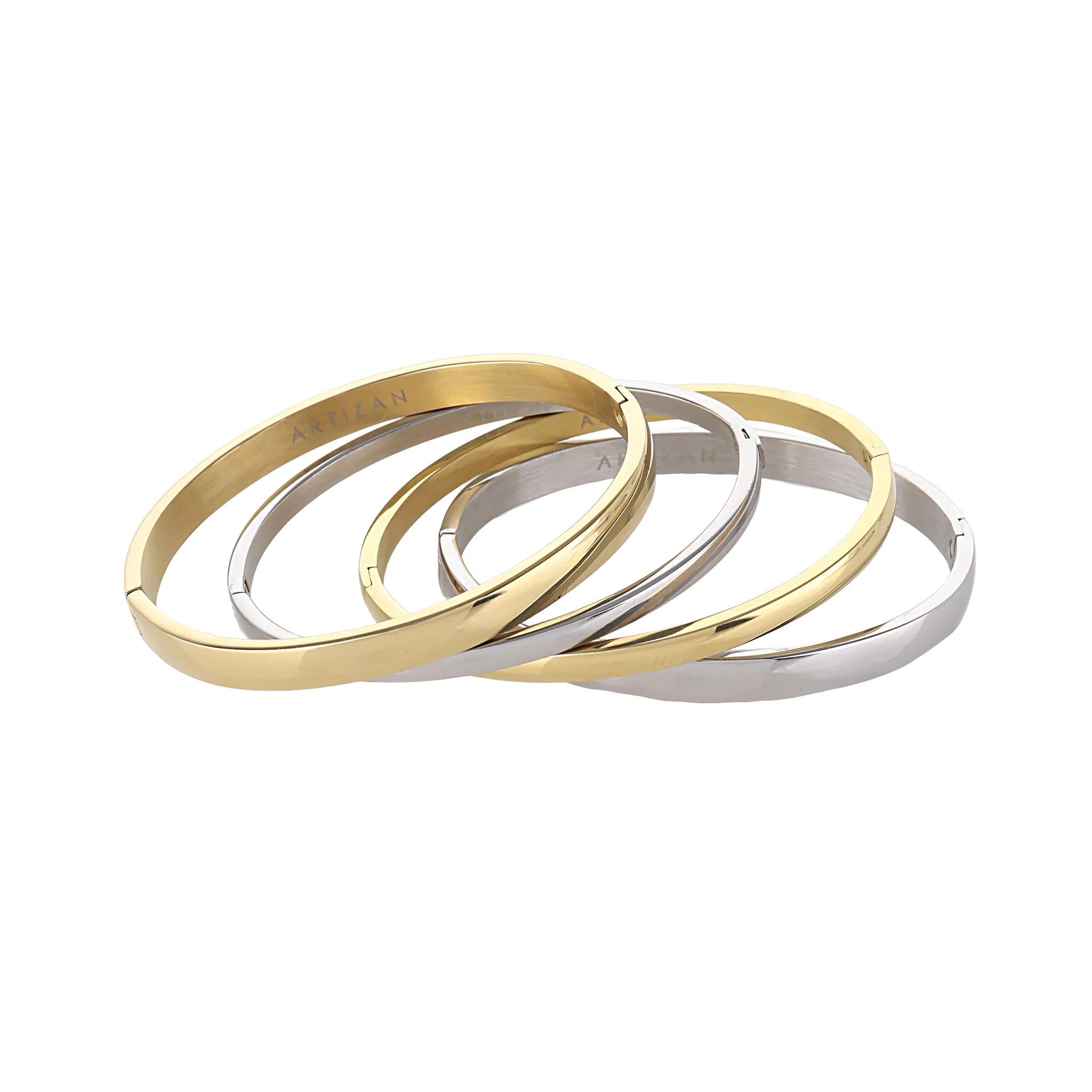 The Plain Medium Set, which is a multi-piece bracelet stack, features alternating gold and silver bangles with a sleek, polished finish, offering a chic and versatile design perfect for stacking together or wearing individually for a refined look.