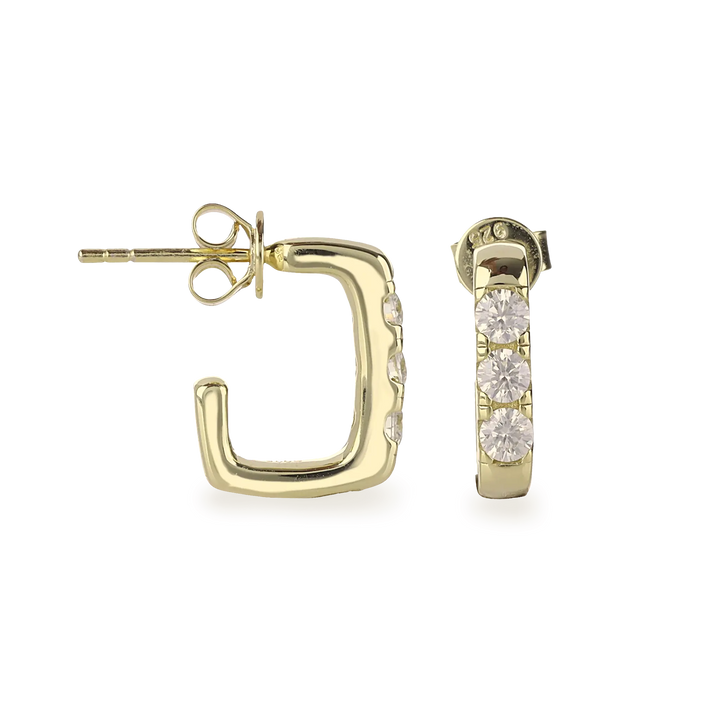 The RECTANGLE HOOP, which is a pair of elegant gold-tone earrings, features a rectangular hoop design adorned with sparkling cubic zirconia stones. These modern earrings offer a sophisticated twist to classic hoops, perfect for everyday wear or special occasions.