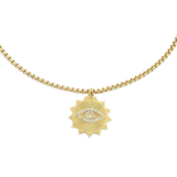 The I See Necklace, a luxurious gold chain with a  unique eye-shaped pendant adorned with sparkling diamonds.