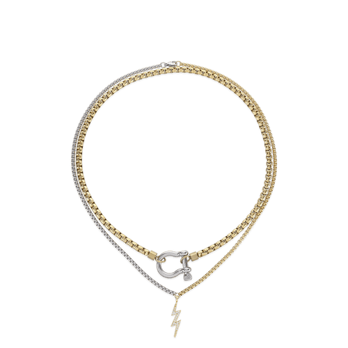 The Herradura Thunder Layered Necklace, a two-piece silver and gold necklace set featuring a box chain and a Cuban chain with a gold horseshoe clasp and a lightning bolt charm accented with diamond-like stones.