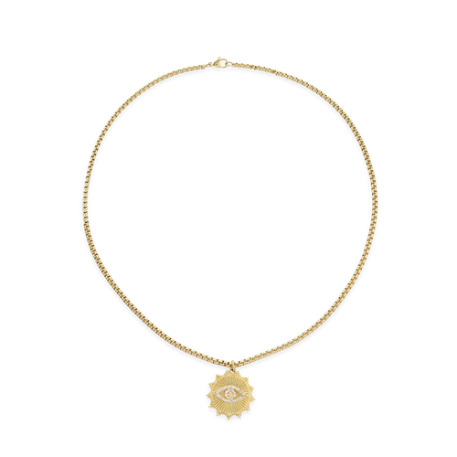 The I See Necklace, a luxurious gold chain with a  unique eye-shaped pendant adorned with sparkling diamonds.