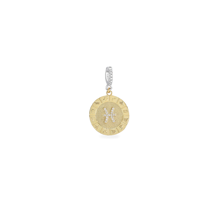 The Zodiac Clip On Charm, a gold charm with the Pisces zodiac symbol and cubic zirconia accents. ||| PISCES/MIX