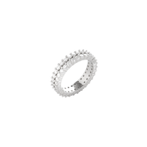The Duo Eternity Diamond Band Ring, a silver ring featuring two rows of sparkling diamonds in a timeless eternity band design.