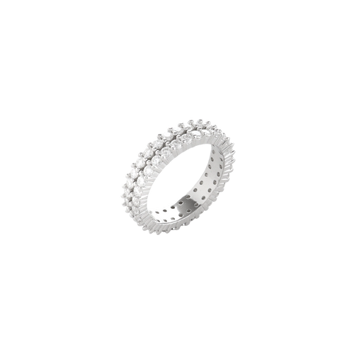 The Duo Eternity Diamond Band Ring, a silver ring featuring two rows of sparkling diamonds in a timeless eternity band design.