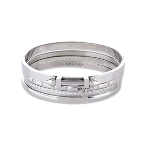 The ARROW STACK, a stunning silver bangle set featuring 4 bracelet stack with intricate arrowhead details and sparkling diamonds. 