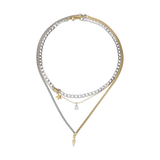 The SHINI SPIKE TRIO SET, which is a stunning layered necklace set featuring three intricately designed chains in mixed metals of gold and silver. This set includes bold chain links, delicate pendants including a star, teardrop, and spike charm, creating a modern and versatile accessory for any outfit.
