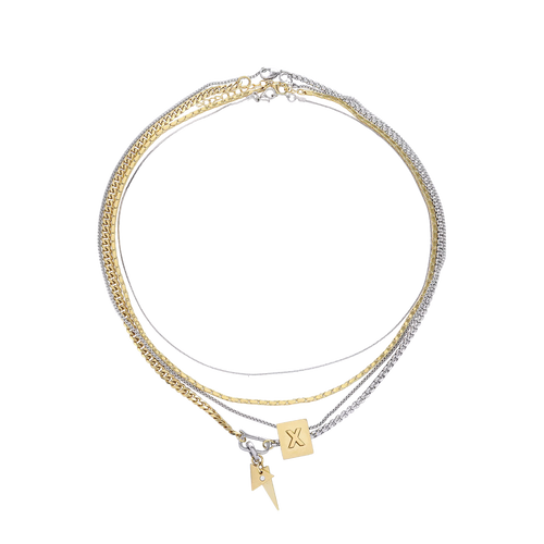 The Letter Necklace Set, which is a three-piece layered necklace set, features a combination of gold and silver chains with two unique charms—a square charm engraved with a letter 'X' and a small lightning bolt pendant.