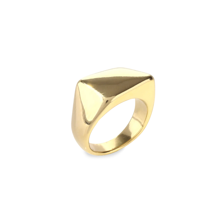 The Deformed Rectangle Ring which is a single-piece gold ring, features a bold, sculptural design with a modern, abstract rectangular shape. Its smooth, high-polish finish gives it a sleek and contemporary aesthetic, making it a standout statement accessory for any outfit. Perfect for those who love unique and minimalist jewelry.