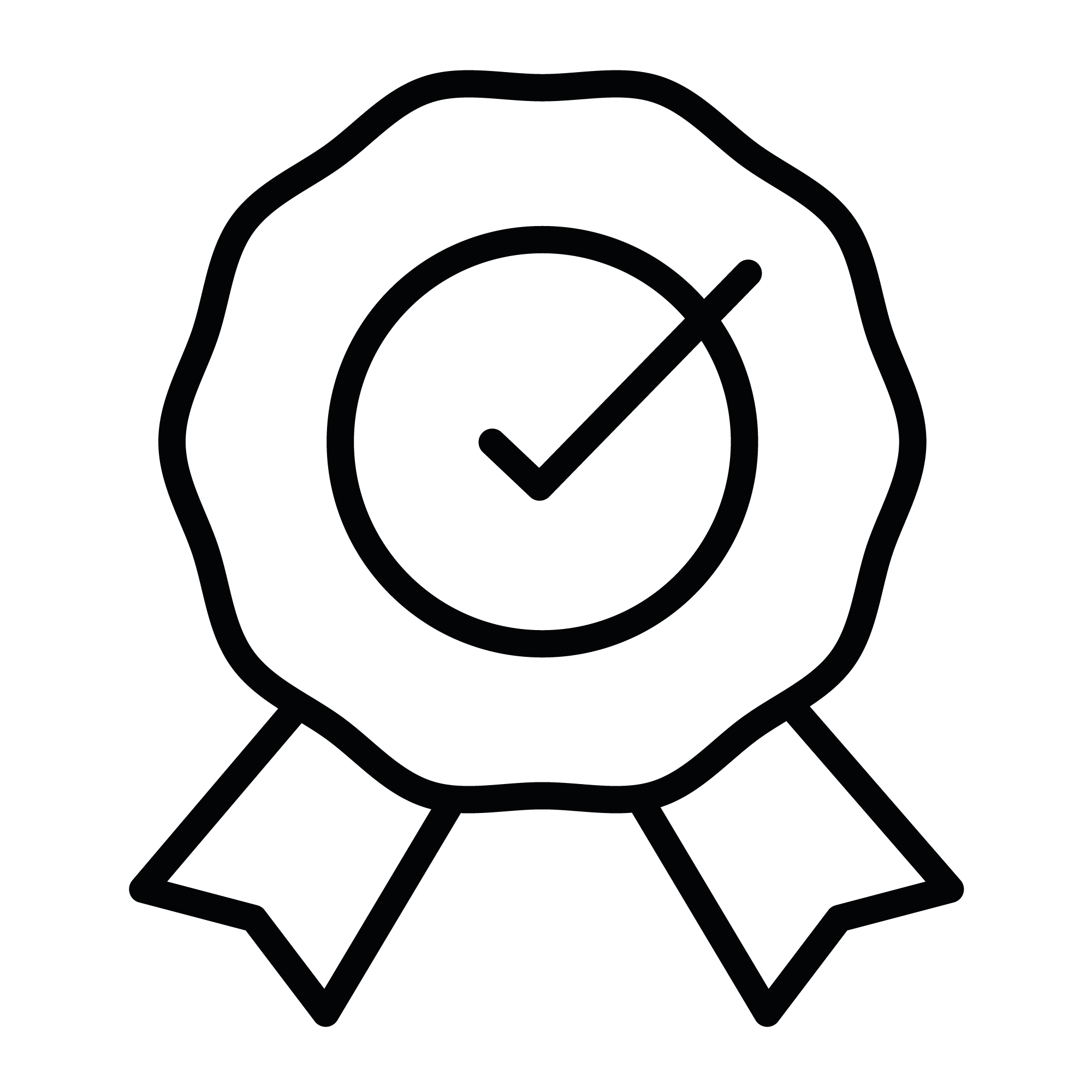 Black line art icon of an award ribbon badge with a checkmark in the center, symbolizing certified quality or guaranteed standards, on a transparent background.