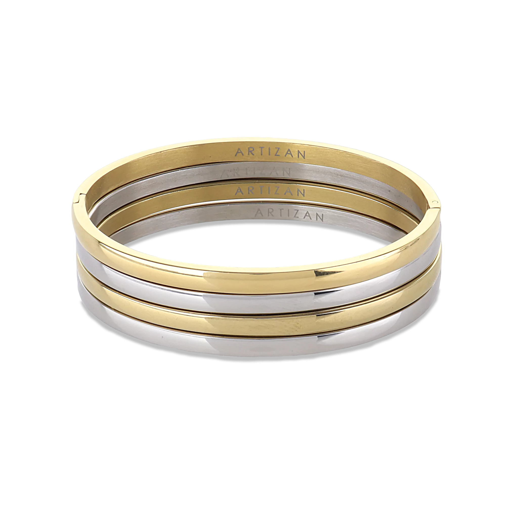 The Plain Thin Set, which is a four-piece bracelet stack, features alternating gold and silver bands with a sleek and polished finish, offering a minimalist yet sophisticated look for versatile styling.