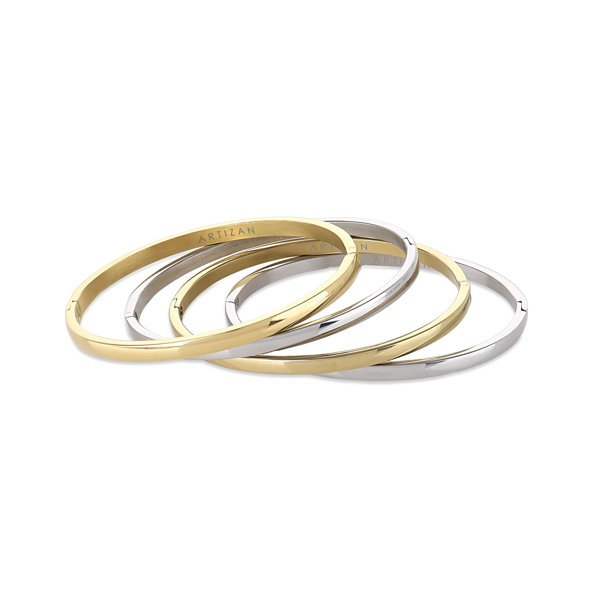 The Plain Thin Set, which is a four-piece bracelet stack, features alternating gold and silver bands with a sleek and polished finish, offering a minimalist yet sophisticated look for versatile styling.