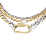 The Carabiner Necklace Set, a three-piece gold and silver necklace set featuring Cuban link chains and a carabiner clasp.