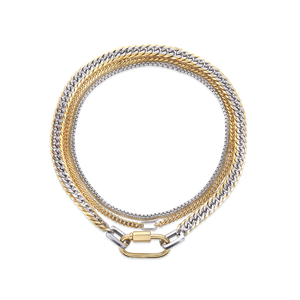 The Carabiner Necklace Set, a three-piece gold and silver necklace set featuring Cuban link chains and a carabiner clasp.

