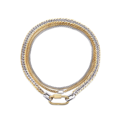 The Carabiner Necklace Set, a three-piece gold and silver necklace set featuring Cuban link chains and a carabiner clasp.

