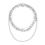 The SHINE PUERTO NECKLACE SET, which is a sophisticated layered necklace set featuring three unique silver-tone chains. This set combines chunky links, a delicate sparkling pendant, and fine detailing, offering a versatile and modern accessory for any occasion.