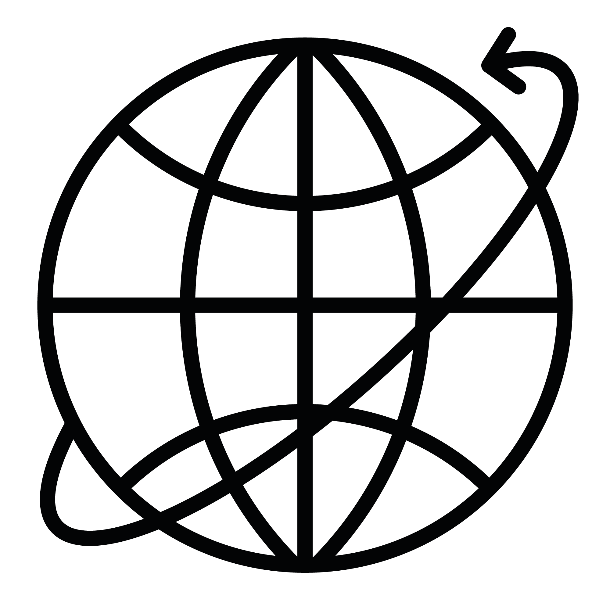 Black line art icon of a globe with latitude and longitude lines and an orbiting arrow, symbolizing international shipping or global reach, on a transparent background.