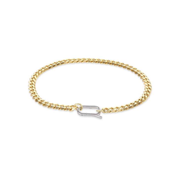 The Can Opener Chain Bracelet in gold featuring gold link chain, with silver can opener clasp creating a bold and stylish statement. ||| GOLD