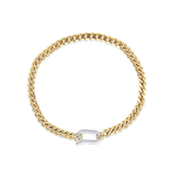 The Can Opener Chain Bracelet in gold featuring gold link chain, with silver can opener clasp creating a bold and stylish statement. ||| GOLD
