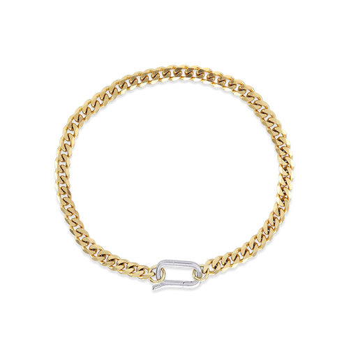 The Can Opener Chain Bracelet in gold featuring gold link chain, with silver can opener clasp creating a bold and stylish statement. ||| GOLD