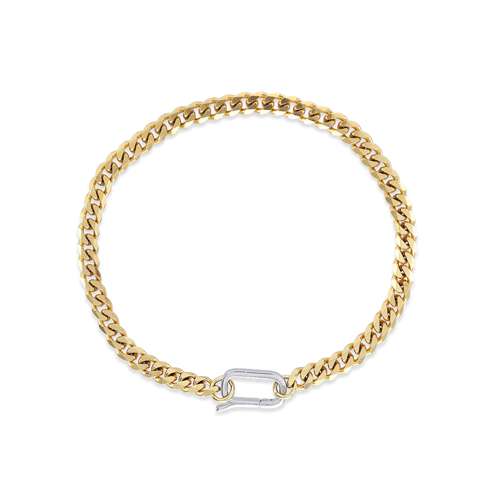 The Can Opener Chain Bracelet in gold featuring gold link chain, with silver can opener clasp creating a bold and stylish statement. ||| GOLD