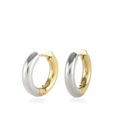 The Slim Mix Huggies, a chic pair of two-tone hoop earrings features a combination of gold and silver tones.