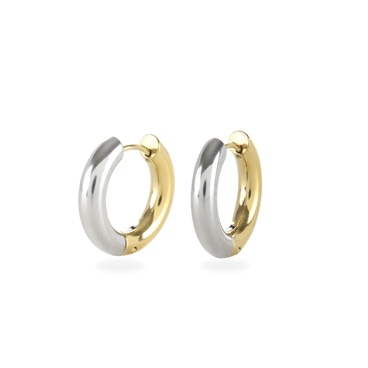 The Slim Mix Huggies, a chic pair of two-tone hoop earrings features a combination of gold and silver tones.
