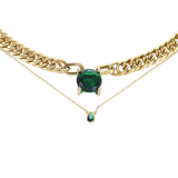 The Emerald Dot Necklace Set, a two-piece gold necklace featuring a delicate chain with a single emerald pendant and a matching choker chain.