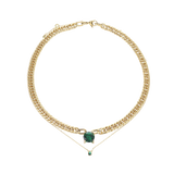 The Emerald Dot Necklace Set, a two-piece gold necklace featuring a delicate chain with a single emerald pendant and a matching choker chain.