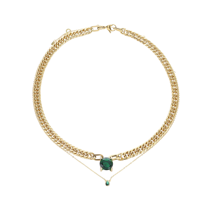 The Emerald Dot Necklace Set, a two-piece gold necklace featuring a delicate chain with a single emerald pendant and a matching choker chain.