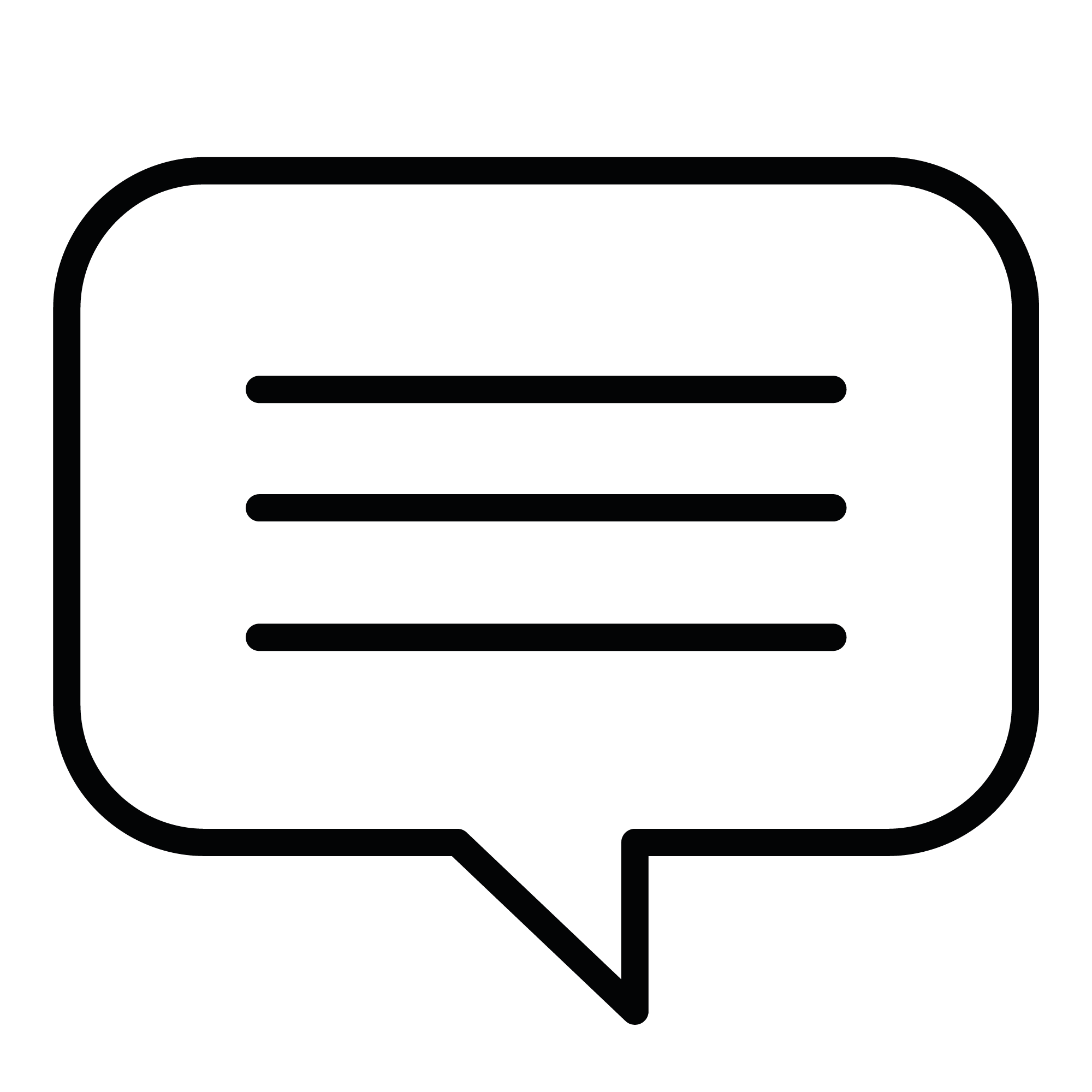 Black line art icon of a speech bubble with three horizontal lines inside, representing customer reviews or testimonials, on a transparent background.