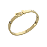 The BELT BANGLE, a stylish gold bangle featuring a unique buckle clasp design with sparkling diamond accents. ||| GOLD