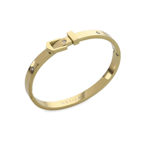 The BELT BANGLE, a stylish gold bangle featuring a unique buckle clasp design with sparkling diamond accents. 