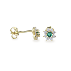 The Emerald Flower Stud Earrings, a pair of delicate gold earrings featuring a central green emerald surrounded by a halo of petal-like sparkling white stones, creating a floral design. These elegant studs add a charming and feminine touch, perfect for both everyday wear and special occasions.