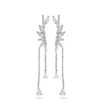 The Butterfly Drop Earrings, elegant silver-tone earrings featuring sparkling butterfly-inspired designs with delicate dangling chains.