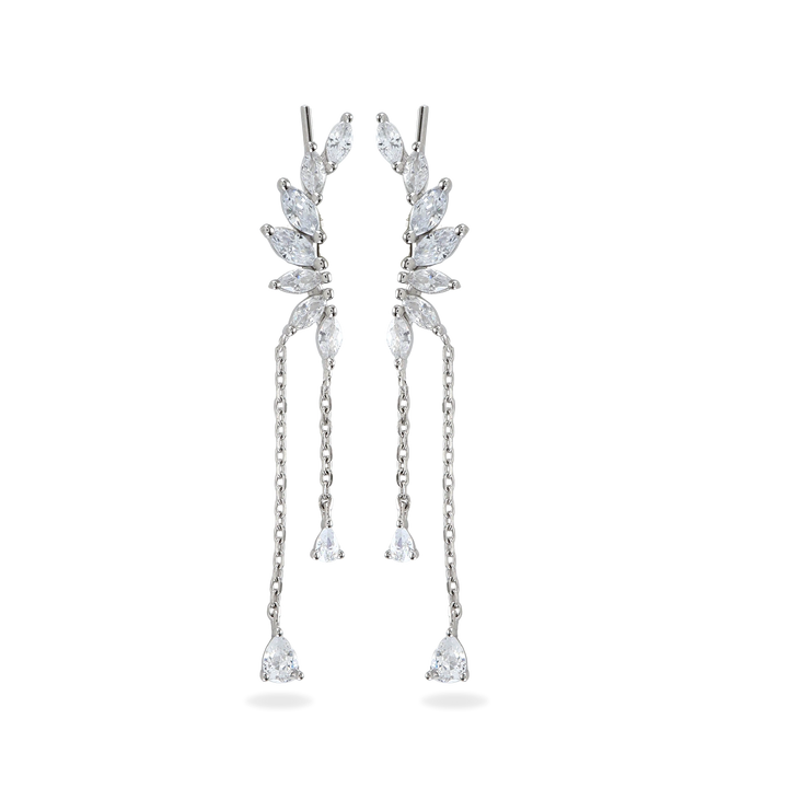 The Butterfly Drop Earrings, elegant silver-tone earrings featuring sparkling butterfly-inspired designs with delicate dangling chains.