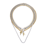 The Triangle Necklace Set, a three-piece necklace set with gold and silver chains, including a cuban link, a box chain, and a tennis chain with triangle spike charms.