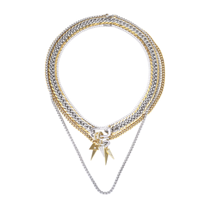 The Triangle Necklace Set, a three-piece necklace set with gold and silver chains, including a cuban link, a box chain, and a tennis chain with triangle spike charms.
