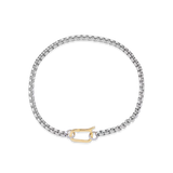 Model wearing the Unique Can Opener Box Chain Bracelet featuring a distinctive silver link design and a secure gold can opener clasp ||| SILVER