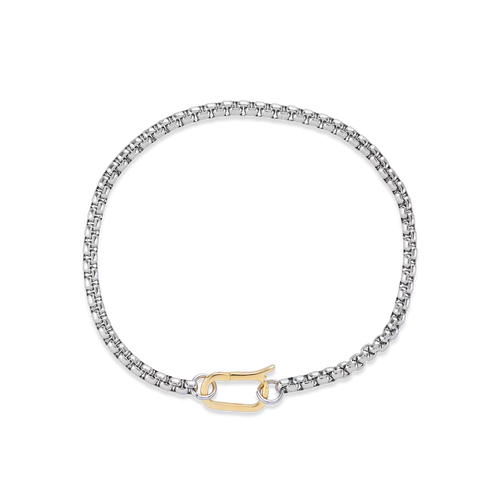 Model wearing the Unique Can Opener Box Chain Bracelet featuring a distinctive silver link design and a secure gold can opener clasp ||| SILVER