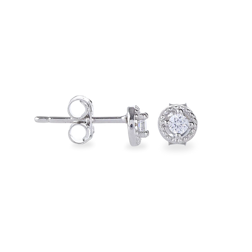 The Mini Stud Earring, which is a pair of delicate silver-tone earrings featuring a sparkling round-cut stone encased in a halo design, perfect for adding subtle elegance to any look.