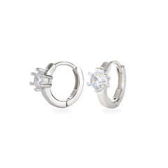 The Forever Piercing Hoops, a pair of sleek silver hoop earrings each adorned with a single prong-set crystal. 