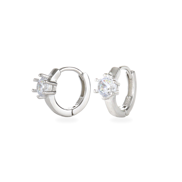 The Forever Piercing Hoops, a pair of sleek silver hoop earrings each adorned with a single prong-set crystal. 