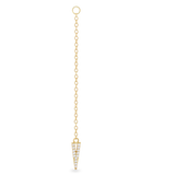 The Arrow Earring Chain, a single gold chain earring with a V-shaped arrowhead pendant adorned with sparkling stones.||| GOLD
