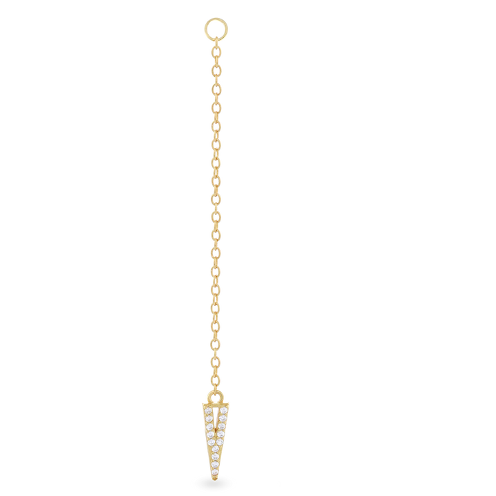 The Arrow Earring Chain, a single gold chain earring with a V-shaped arrowhead pendant adorned with sparkling stones.||| GOLD