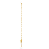 The Arrow Earring Chain, a single gold chain earring with a V-shaped arrowhead pendant adorned with sparkling stones.||| GOLD