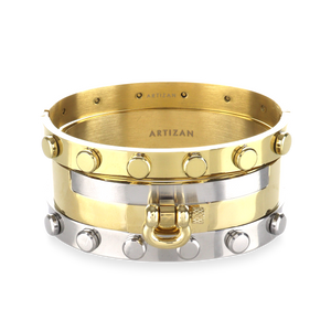 This gold and silver-toned Herradura Armor Bracelet Stack includes three bangles, one with the signature Artizan horseshoe design and a secure clasp closure and two dot bangles in gold and silver.