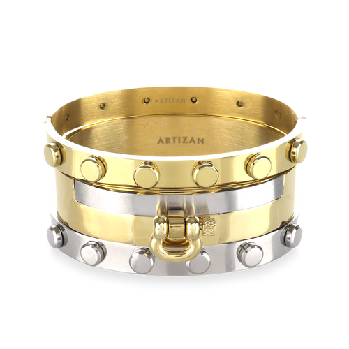 This gold and silver-toned Herradura Armor Bracelet Stack includes three bangles, one with the signature Artizan horseshoe design and a secure clasp closure and two dot bangles in gold and silver.