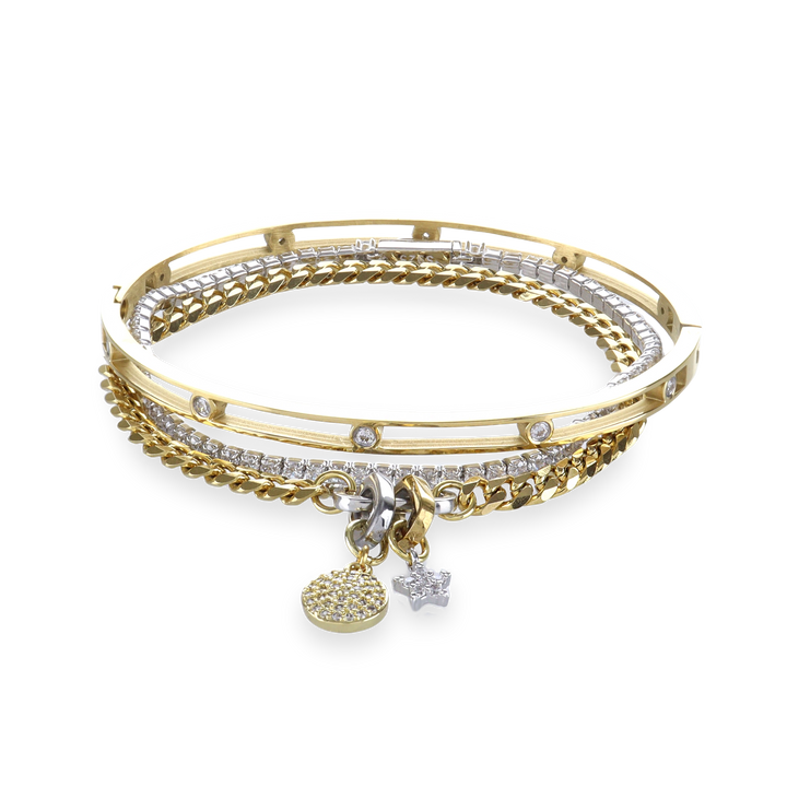 The Golden Gear Bracelet Stack, a three-piece gold bracelet stack featuring a bangle with diamond-like accents, a diamond-like tennis bracelet, and a chain bracelet with two charms.