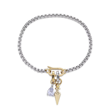 Unique Can Opener Chain Bracelet featuring a silver link chain with bold gold link spike charm and a sparkling DROP LINK pendant. 