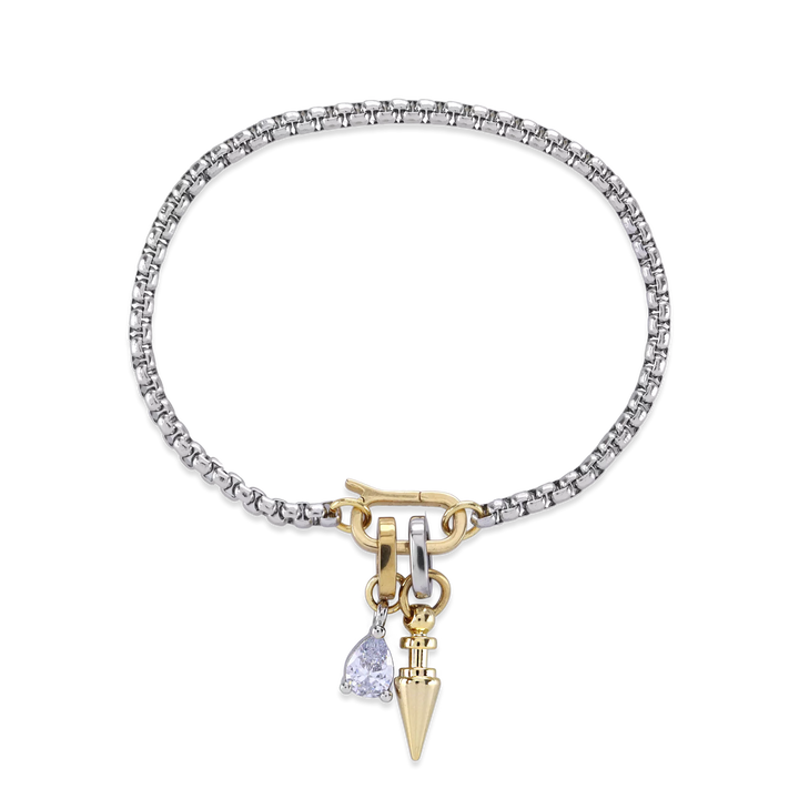 Unique Can Opener Chain Bracelet featuring a silver link chain with bold gold link spike charm and a sparkling DROP LINK pendant. 